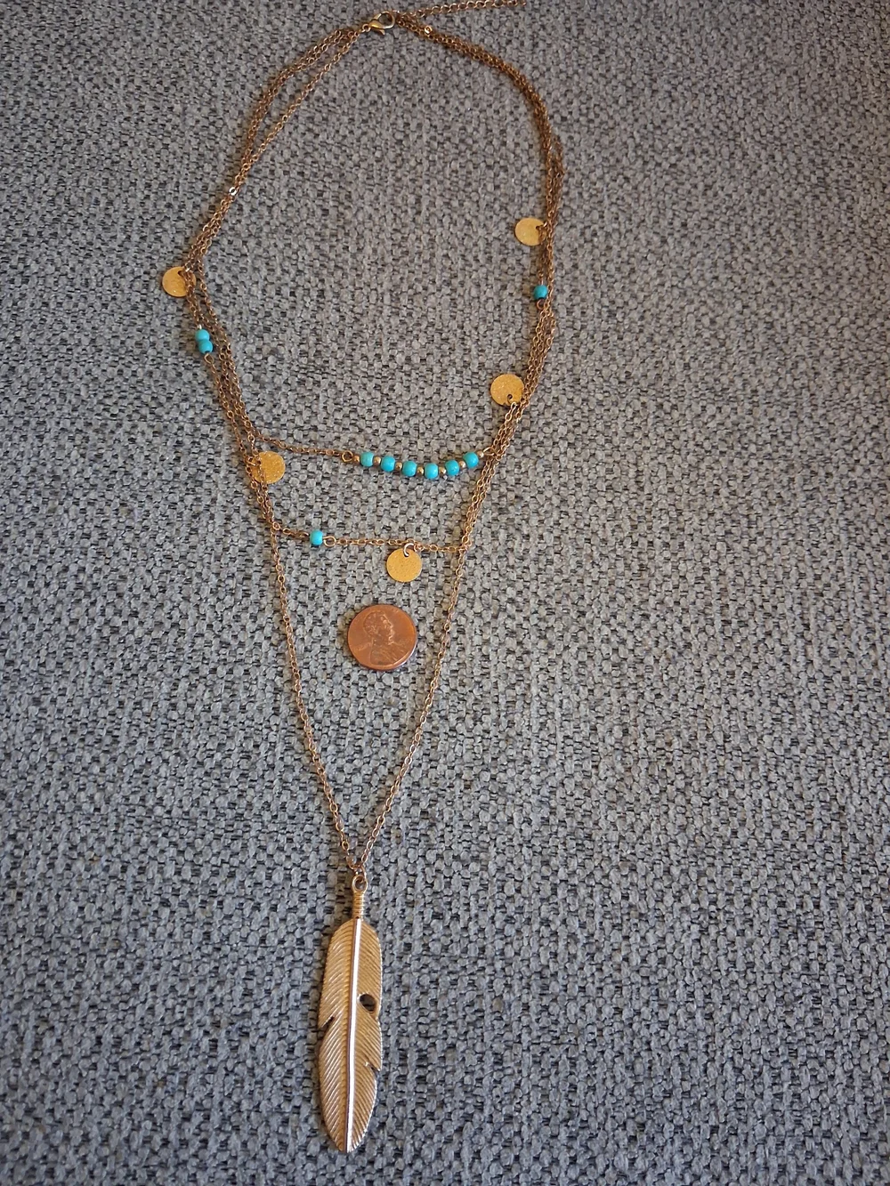 Layered Gold Feather Pendant Necklace with Turquoise Beads - Women Jewelry